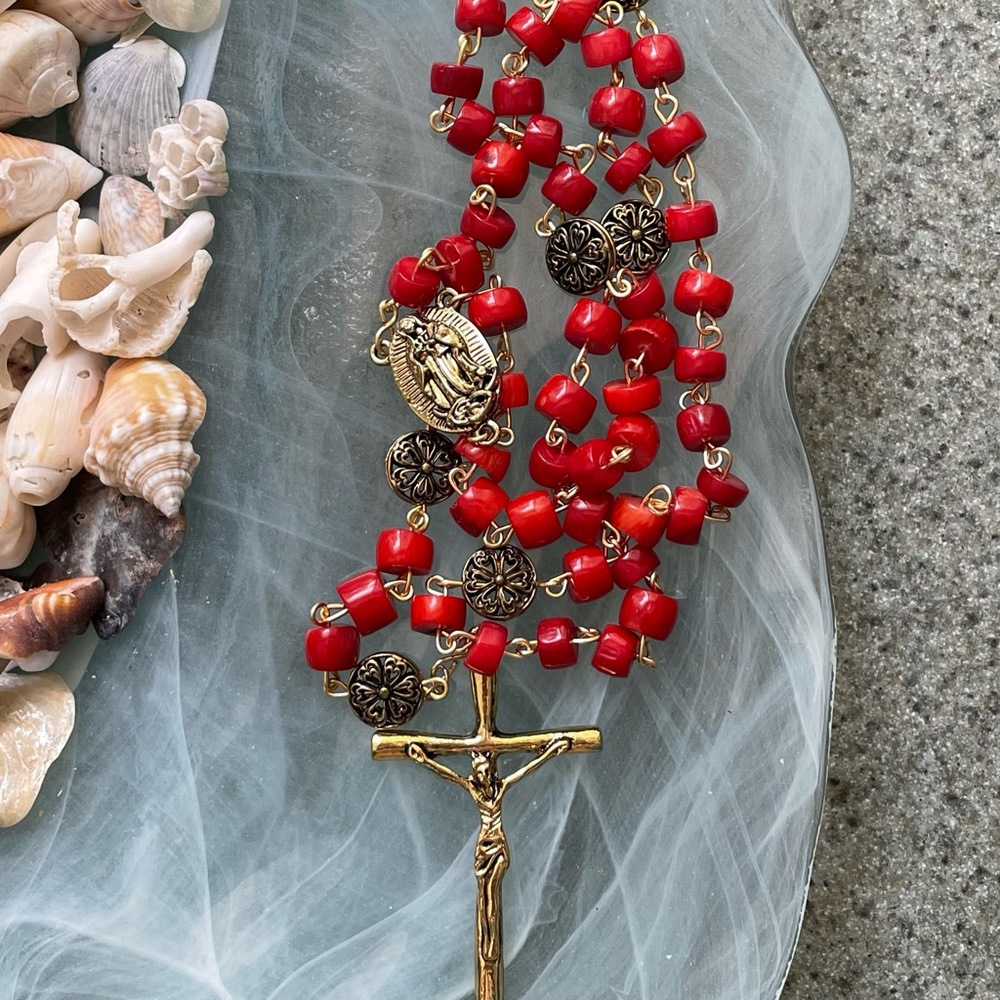 Rosary Heirloom hand turned each  bead Red/gold First Communion or Confirmation